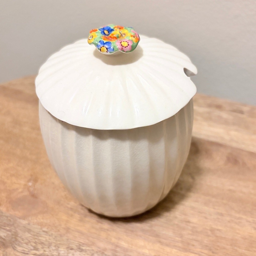 Vintage Spode Imperial England Ribbed Creamware Jam Pot Floral Finial Lid Notch